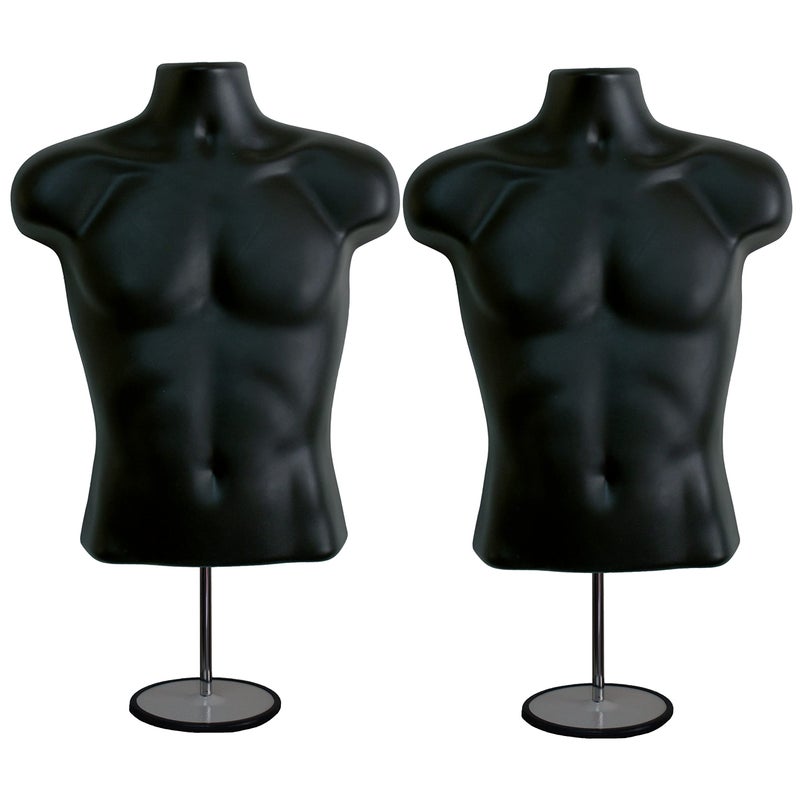 DisplayTown Male Mannequin Torso with Metal Stand Hollow Back Body Stackable Dress Form for Tshirt Display, Countertop, Craft Shows, Photos and Design, S-M Clothing Size (Black, Set of 2) - Image 1